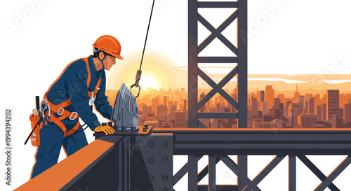 Construction Worker on Skyscraper Beam at Sunset Illustration