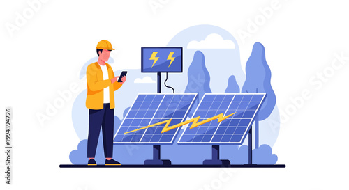 Engineer monitoring solar panels energy production with smartphone