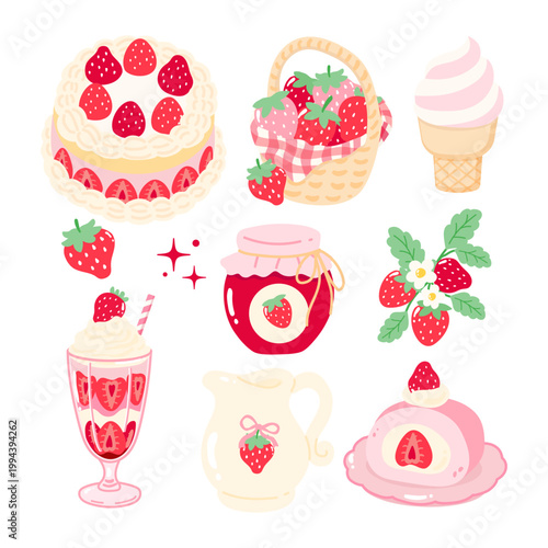 Cute strawberry dessert cake and ice cream collection