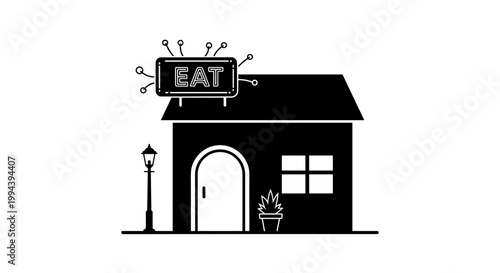 Black and white illustration of restaurant.