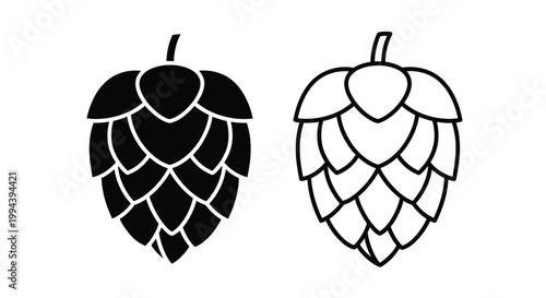 Minimalist vector graphic illustration of beer hop cones shown in both solid black silhouette style and clean white outline style for professional graphic design projects