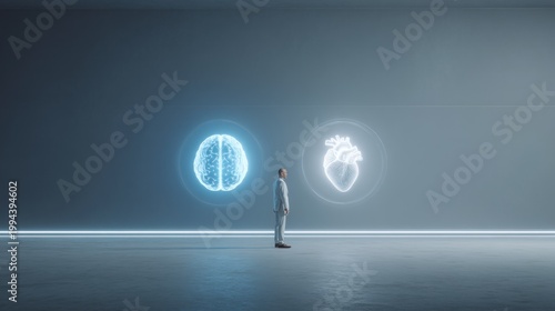 Man standing between brain and heart