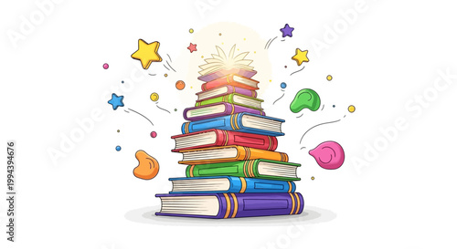 Open book emitting colorful geometric shapes in a flat vector illustration, symbolizing the power of reading and learning on International Book Day against a clean white background