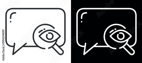 Line art speech bubble with magnifying glass and eye symbol