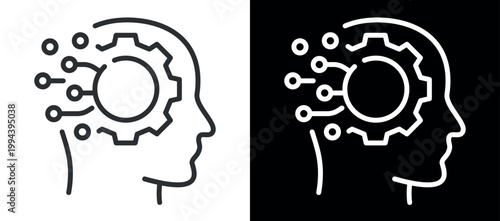 Line art of human head silhouette with cogwheel representing intellectual development