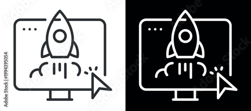 Rocket launch icon on computer screen with cursor in minimalist line art