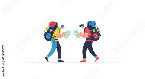 Hikers, backpackers, travel, adventure, vector icons, flat design, colorful illustrations, outdoor enthusiasts