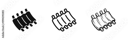 Meat Ribs Rack Icon Set for BBQ and Grill - Solid, Outline, and Hand-Drawn Designs