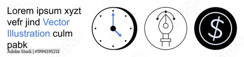 Time management, creative design, financial strategies, productivity, decision-making, branding. Clock, pen tool and dollar sign icon in minimalist style. Time management and creative design