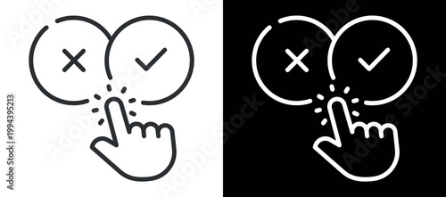 Hand cursor clicking checkbox and cross icons in minimalist design
