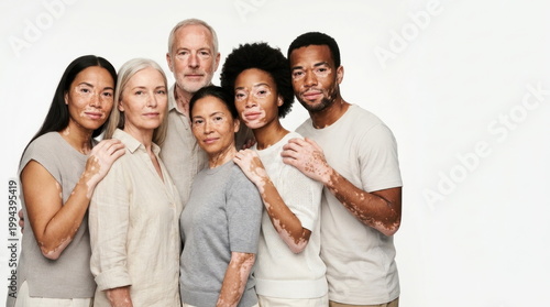 Proud of skin imperfections Diverse Group of Multiethnic People With Vitiligo Posing Together For Inclusion Body Positivity isolated on White Background