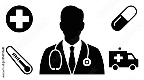 Medical icons set with doctor, stethoscope, pill, thermometer, ambulance and hospital cross sign