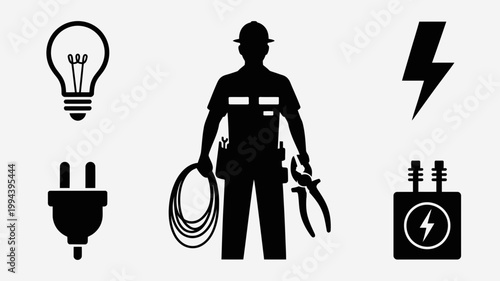 Electrician silhouette icon set, professional worker with tools, light bulb, electric plug, lightning bolt and electrical transformer