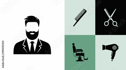Barbershop icons set with man with beard, comb, scissors, barber chair and hair dryer professional hair salon equipment and tools collection vector illustration