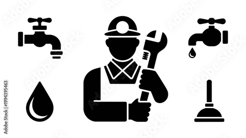 Plumbing service icons set featuring a plumber, faucet, water drop, wrench, and plunger professional repair and maintenance symbols for home improvement, construction, and utility industry