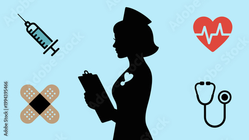 Silhouette of a nurse holding a clipboard with medical icons including a syringe, heart with ekg line, bandage, and stethoscope on a light blue background