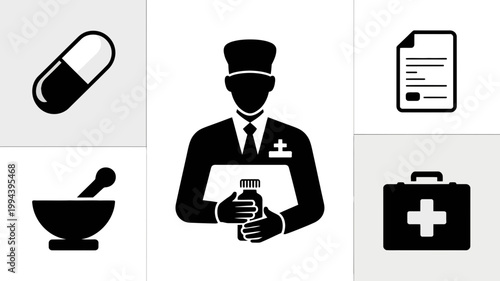 Pharmacy and medical icons set including a pharmacist holding a bottle, capsule pill, mortar and pestle, prescription document, and first aid kit