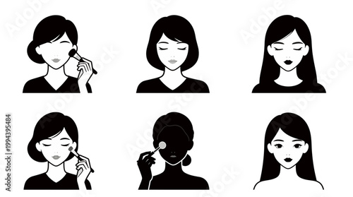 Set of vector illustrations of women applying makeup, beauty and skincare routine icons