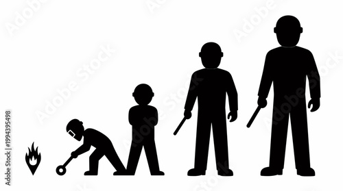 Evolution of a professional worker silhouette sequence showing growth stages from apprentice to expert human career development concept with four black icons