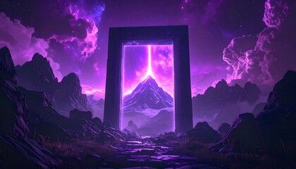 Papier peint photo Prune A surreal landscape features a monumental stone archway framing a vibrant, otherworldly vista of purple mountains and a luminous celestial light, evoking a sense of mystery and cosmic wonder.  © tolem929