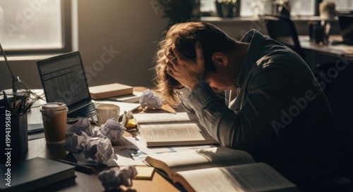 A young man sits hunched over a desk, head in his hands, surrounded by scattered papers and books. He appears stressed and overwhelmed. 