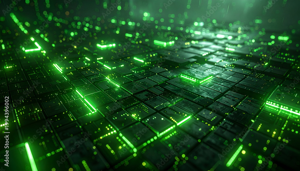 Obraz premium A mesmerizing abstract composition showcases a grid-like structure illuminated by vibrant green lines and dots, creating a futuristic and technological aesthetic.
