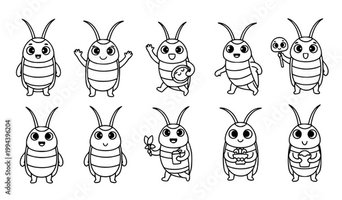 Cute cockroach character set cartoon insect black and white vector illustration isolated on white background