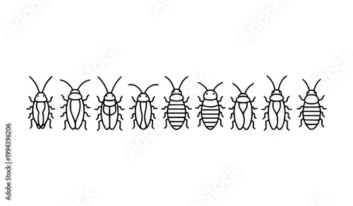 Minimal cute cockroach icons simple insect line art black and white vector illustration isolated on white
