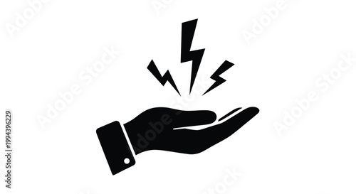 Minimalist vector graphic design showing a stylized human hand reaching upwards toward three sharp jagged lightning bolt shapes representing energy power electricity or quick creative sparks