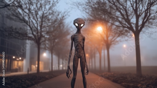 slender extraterrestrial humanoid with glowing eyes standing on a foggy urban park pathway at night, cinematic photorealistic 3d render