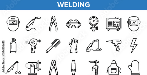 Welding tools and equipment icon set featuring industrial machinery, protective gear, metalworking instruments and fabrication process symbols