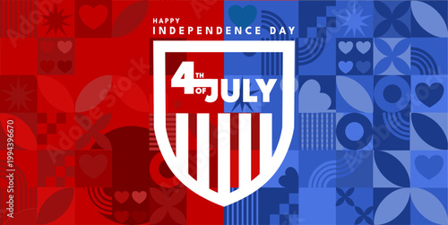 Happy independence day, 4th of july celebration background with shield and geometric pattern - banner, poster, card - vector illustratio