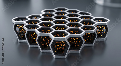 Hexagonal lattice structure containing glowing particles for advanced nanomaterial development and energy storage tech.