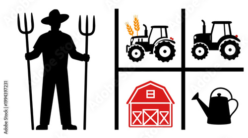 Farmer silhouette holding pitchforks and farm icons set including tractor with wheat, red barn, and watering can agriculture and farming symbols collection
