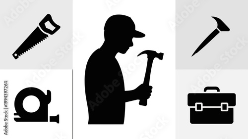 Silhouette of a carpenter or handyman holding a hammer surrounded by icons of construction tools like a saw, tape measure, pry bar, and toolbox