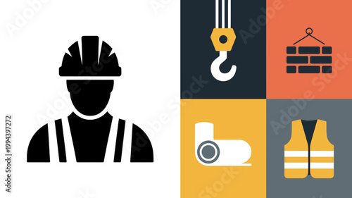 Construction worker icon set, including hard hat, crane hook, brick pallet, industrial roll, and safety vest, vector illustration for building and engineering projects