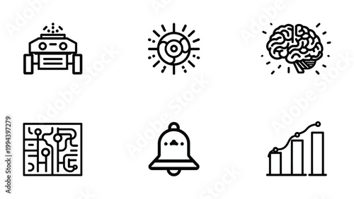 Innovations in the Making: An assortment of concise icons representing the core pillars of technological development and intellectual progress. 