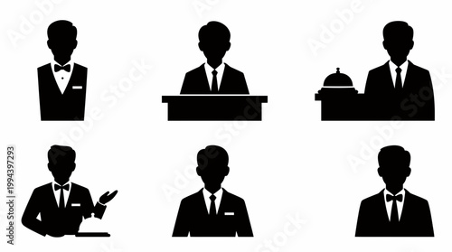 Set of hotel receptionists and concierge icons, professional hotel staff silhouettes, service personnel characters, front desk manager, waiter, and bellboy icons