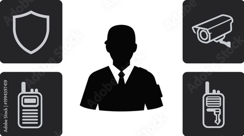 Security guard silhouette with protection and surveillance icons set includes shield, cctv camera, and walkietalkie radio symbols professional safety and monitoring service concept