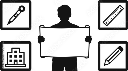 Silhouette of an architect or engineer holding a blueprint with icons of a drafting compass, ruler, building, and pencil around him