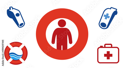 Set of safety and emergency icons including whistle, lifebuoy, first aid kit and person symbol