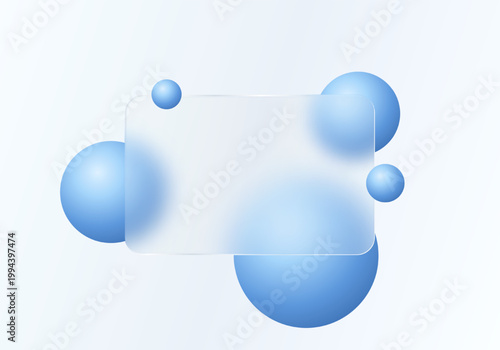 Blue glass morphism banner with translucent panel and gradient spheres on light background