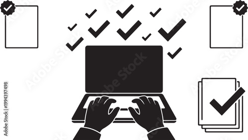 Task completion and progress tracking using technology, digital checklist and productivity concept visualized on a laptop screen with hands typing