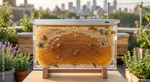 Smart beehive with bees on honeycomb, circuit boards, and city background.