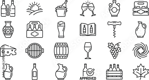 Wine and beverage icon set featuring bottles, glasses, barrels, vineyard elements and alcohol drink symbols in outline style
