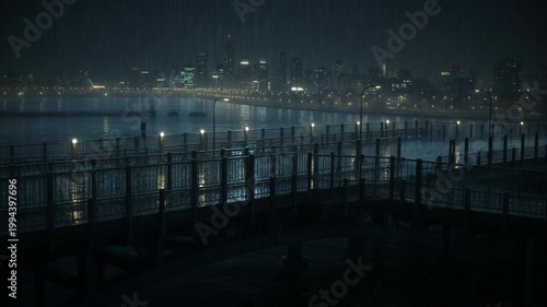 Moody nighttime city scape: glowing skyline reflected on quiet waterfront 4K Ai HD high quality video.