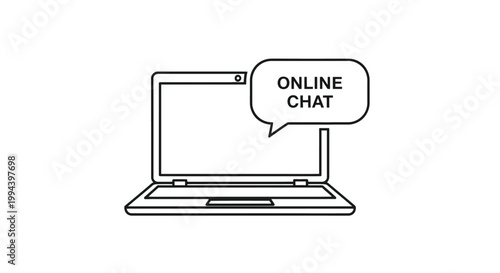 Clean vector illustration of an open laptop computer featuring a speech bubble symbol that represents modern online chat communication for business and personal messaging interface design