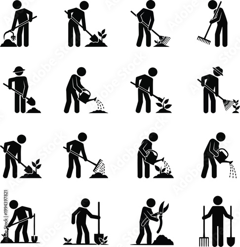 Gardening icons, gardening symbols, garden tools, people gardening