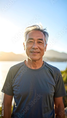 Smiling Asian senior man outdoors.