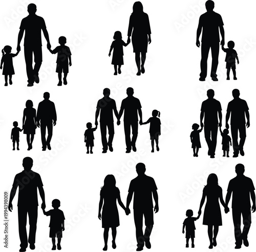 Family silhouettes, black parent child icons, holding hands, vector graphics, family relationships